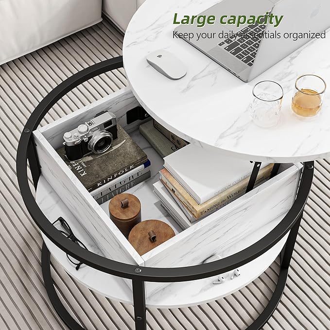 Round Coffee Table with Storage, Lift Top Coffee Table with Hidden Compartment, Farmhouse Juxing Design for Living Room, 2-Tier Small Round Dining Center, White