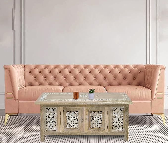 Lightnpro Handmade Wooden Coffee Table - Rectangular Foldable Table with Storage,Intricate Carving, Modern & Contemporary Home Décor, Compact Living Room Furniture – 36 Inch White Wash Finish