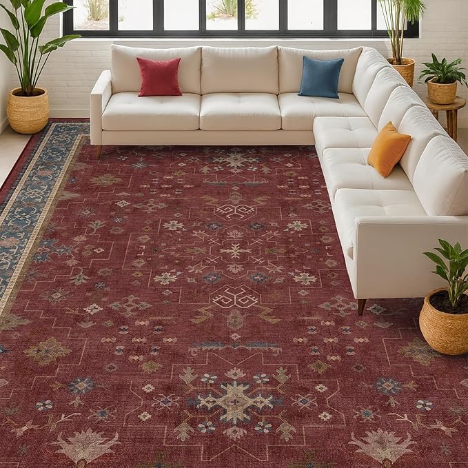 Oriental 8x10 Large Area Rugs for Living Room - Burgundy Rug for Bedroom Under Bed, Dining Room Under Kitchen Table, Washable Soft Non Slip Unique Indoor Décor