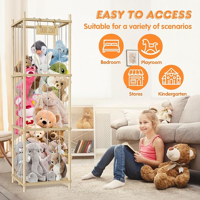Stuffed Animal Storage, Wood Stuffed Animal Zoo Storage, 54 inch Large Plushy Organizers, Space Save Vertical Stuffed Animals Holder Holds 50+ Stuffed Animals for Nursery Playroom Bedroom (Log Color)