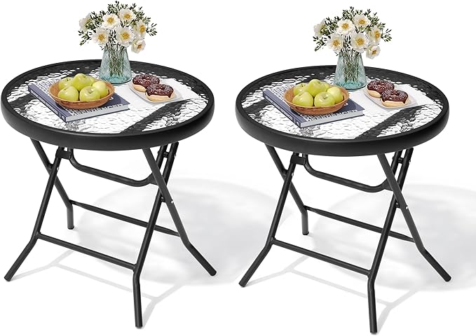 Foldable Patio Side Table Set of 2 with Tempered Glass Top 18" Folding Outdoor Side Tables Set of 2 Small Glass Patio End Tables for Porch Yard Balcony Deck Lawn Dining Garden (Black)