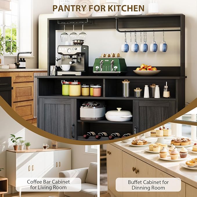 47" Farmhouse Buffet Sideboard Cabinet with Power Outlets Coffee Bar Cabinet with Storage, Large Buffet Storage Cabinet Table with Wine Racks, Goblet Holder, Hooks for Kitchen, Dining Room, Grey