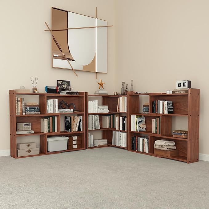 Open Shelf Low Bookcase,Wooden 4-Tier Floor Standing Expandable 25-47 inch Wide Bookcase,with Side Panels Frame for Home and Office (Walnut)