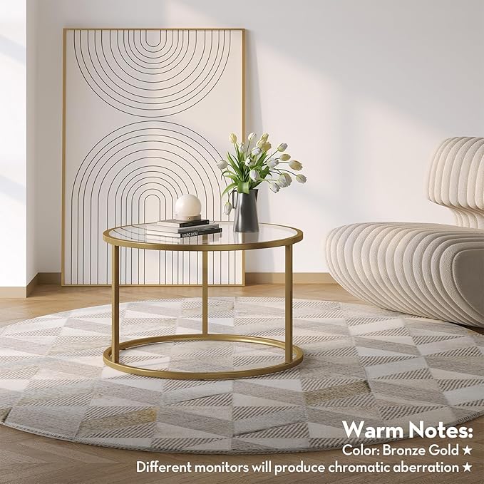 SAYGOER Small Glass Coffee Table Round Gold Coffee Table for Small Space Modern Simple Center Table with Gold Frame for Living Room Home Office, Easy Assembly