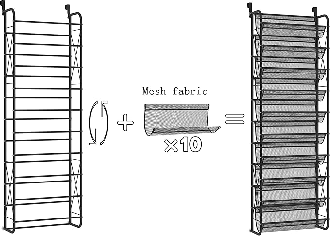 JSB 10 Tier Shoe rack Mesh fabric Over The Door Shoe Organizer X-structure Trouser hangers Closet Pantry Hanging Shoe Clothes Toys Storage Shelves (Black, 10 Tier)
