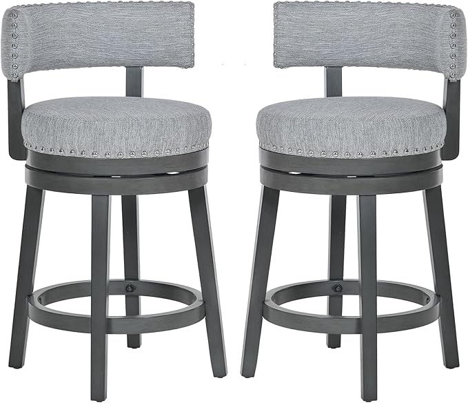COLAMY Swivel Bar Stool Set of 2, Modern Swivel Barstool with Back, Counter Height Bar Stools, 25 Inch Upholstered Wood Barstool for Kitchen Island Dining Room Bar, Grey