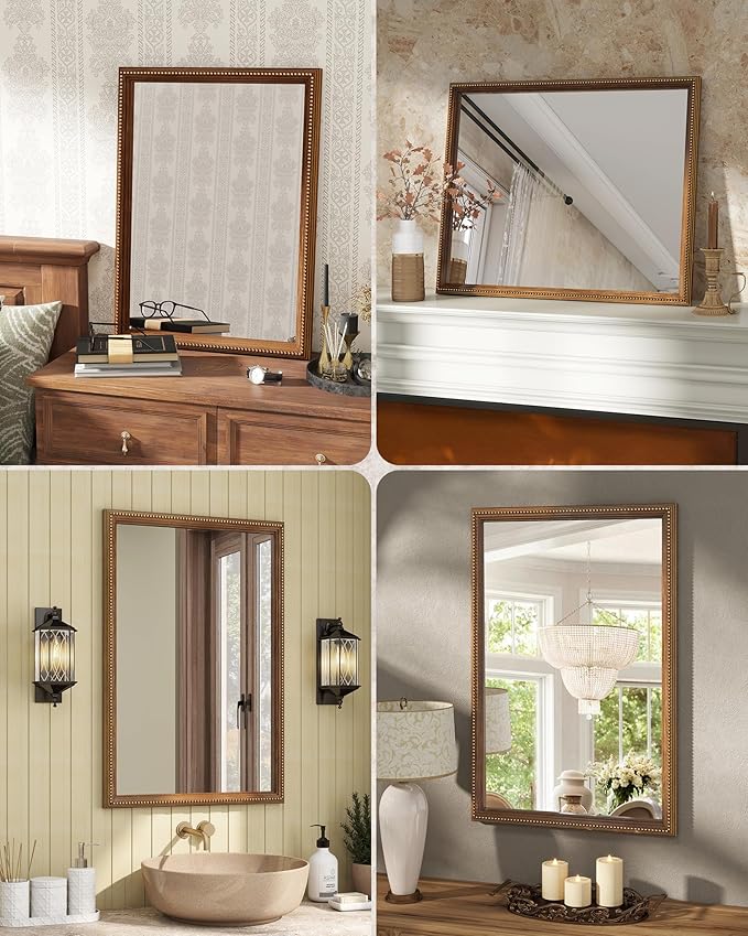 Axeman 30x36 Wood Wall Mirror, Rustic Bathroom Mirror, Vintage Wall Mounted Mirror Tempered Glass with Beaded Wooden Frame for Farmhouse Living Room Vanity Bedroom Entryway, Bronze