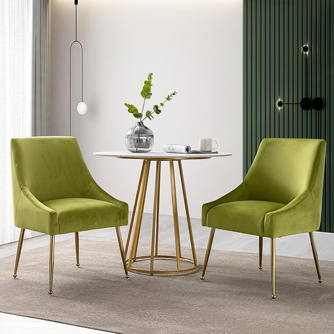Modern Velvet Dining Chairs Set of 4, Contemporary Upholstered Furniture Collection with Polished Gold Metal Legs, Elegant Accent Chairs for Kitchen Living Room(Yellow Green)