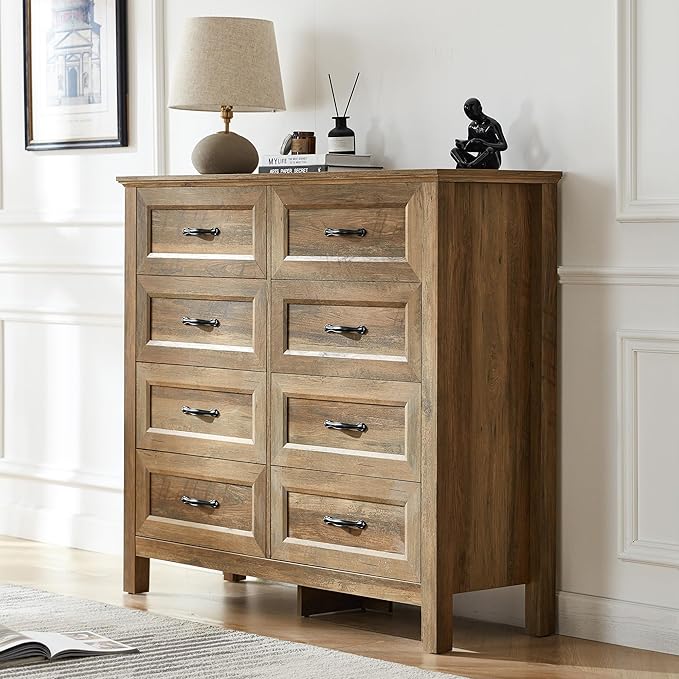 LINSY HOME 8 Drawers Dresser for Bedroom, 47" Wide Wooden Storage Chest with Antique Handles, Modern Farmhouse Dresser TV Stand with Wood Legs for Closet, Living Room, Hallway, Rustic Brown
