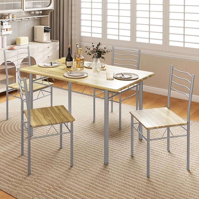 5 Piece Dining Table Set for 4 Chairs Modern Wood Metal Kitchen Breakfast Furniture (Shallow Walnut)