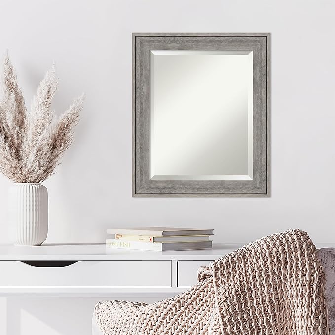 Amanti Art Grey Wall Mirror 25x21 Regis Barnwood Grey Rectangle Bathroom Mirror for Wall Decor Living Room, Small Rustic Farmhouse Wood Frame, Hangs Horizonally and Vertically, Bathroom Decor, Beveled