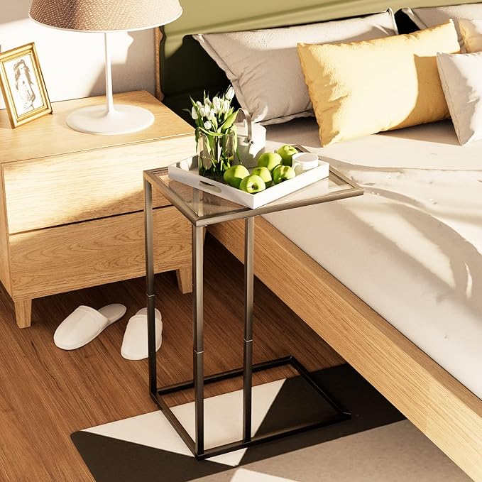 C Table Glass End Table, Couch Side Table, Tempered Glass Snack Side Table with Metal Frame, TV Tray Table for Small Space, Sofa Couch Side Tableand Bed Side Table(Black)