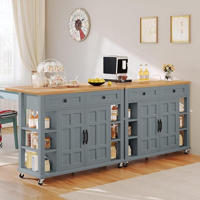 DWVO Rolling Kitchen Island with Drop Leaf, Mobile Storage Islands with Power Outlet Foldable Tabletop, 2 Drawers and Open Shelves, for Living Room, Dining Room, Blue Gray