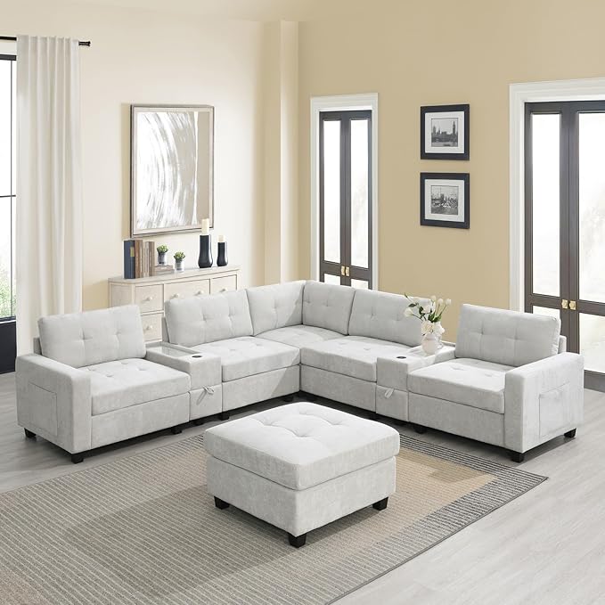 Merax 104 * 104" Chenille Sectional Couches with 2 Acrylic Consoles, Upholstered Modular Tufted Sofa Chaise with Ottoman, Storage Drawers, Pockets, USB Charger & Cup Holders for Living Room Apartment