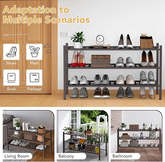 Haddockway Long 3 Tier Bamboo Shoe Rack Storage Organizer, Multifunctional Free Standing Stackable Shoe Shelf with Grid Panel for Closet,Hallway,Entryway,Small Space 34.2"x11"x20"(Brown, 3-Tier(Long))