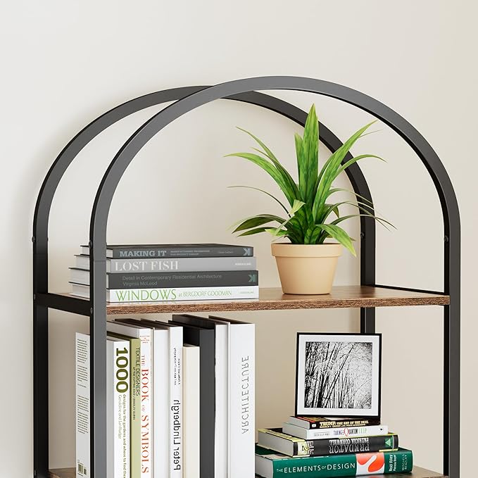 Homhedy 5-Tier Bookshelf Arched Display Racks, Wood and Metal Bookcase, Tall Bookshelf, Industrial Display Standing Shelf Unit, for Home Office, Living Room, Bedroom, Bathroom, Rustic Brown