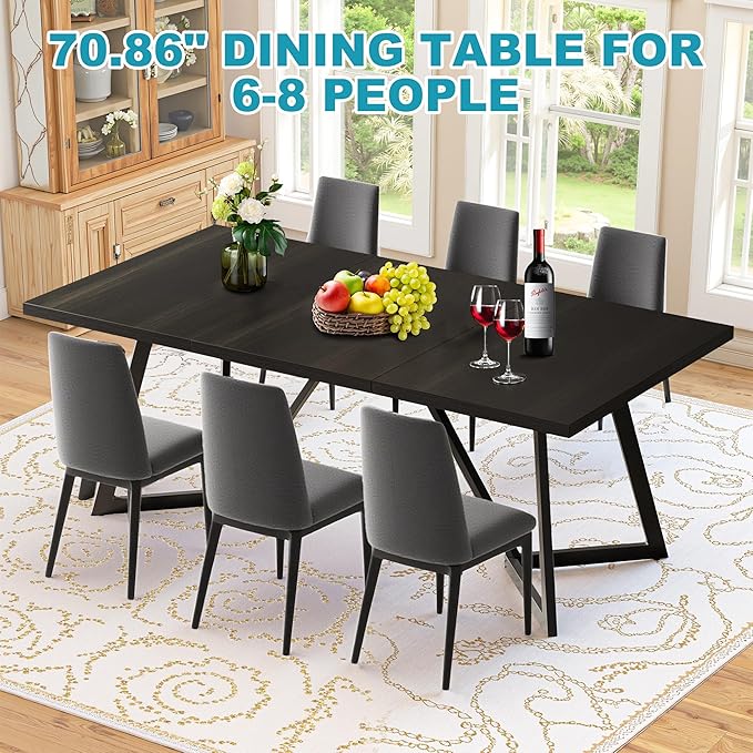 71" Dining Table for 6-8, Farmhouse Dinner Table with Wooden Tabletop and Metal Frame Base, Rectangular Kitchen Tables for Dining Room, Kitchen, Living Room, Black