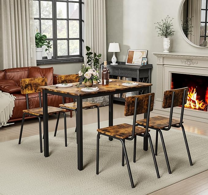 5-Piece Dining Table Set with 4 Chairs, 43" Kitchen Table Chairs Set of 4, Rectangular Dining Room Table Set with Metal Frame & MDF Board, Perfect for Small Space, Brown