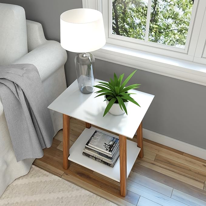 Plank+Beam Wooden Side Table with Storage, Mid Century Modern End Tables for Living Room, Small Solid Wood Nightstand, Bedside Tables, Bedroom Furniture, White/Pecan
