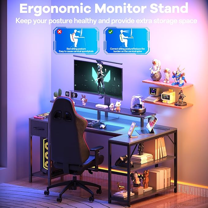 47 inch Gaming Desk with USB Charging Ports and LED Light, Reversible L Shaped Desk, L Shaped Desk with Hook & Monitor Stand, Computer Desk with Drawer and Shelves for Home Office Bedroom