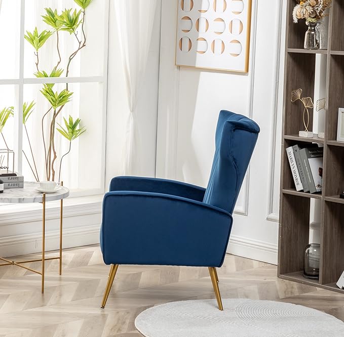 Container Furniture Direct Modern Velvet Accent Chair, Channel Tufted Bedroom, Office or Living Room Furniture with Elegant Metal Legs, 26" Wide Armchair, Blue