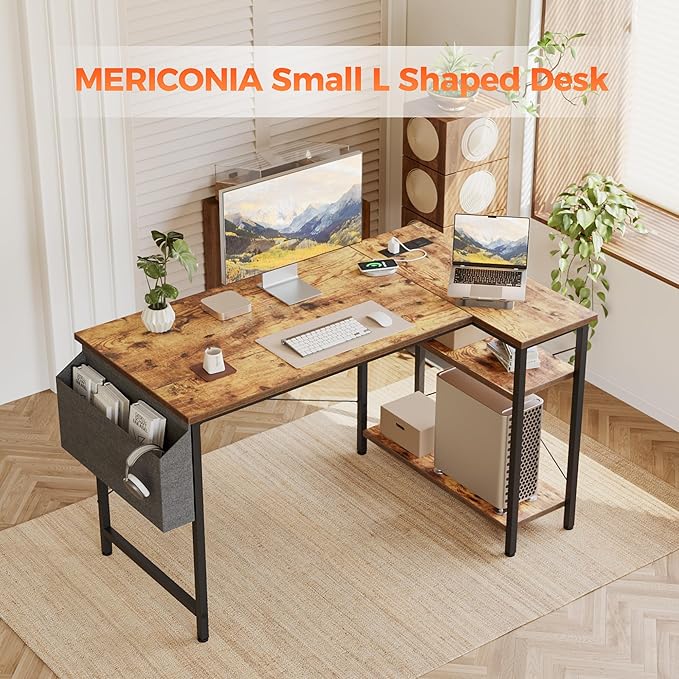 Small L Shaped Computer Desk with Power Outlets, Gaming Desk for Small Spaces, Corner Desk with Reversible Storage Shelves, Study Writing Table for Home Office (Socket, Rustic Brown, 48 inch)