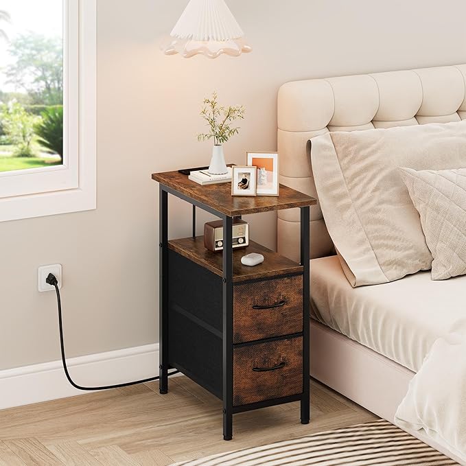 Vagusicc End Table with Charging Station Set of 2, Narrow Side Table, 23.8'' Tall Nightstand with 2 Drawers, Small Sofa Side Table Narrow Nightstand for Small Spaces Living Room, Bedroom, Rustic Brown
