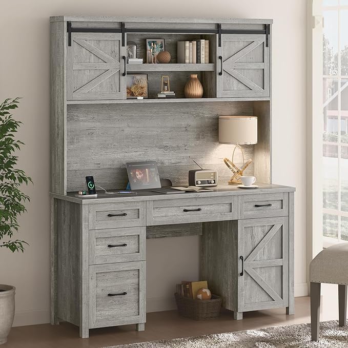 67''H Farmhouse Executive Desk with Hutch & 5 Drawers, Rustic Office Desks Computer Desks with Charging Station, File Drawers and Storage Cabinets, Wood Workspace for Home Office & Study,Grey.