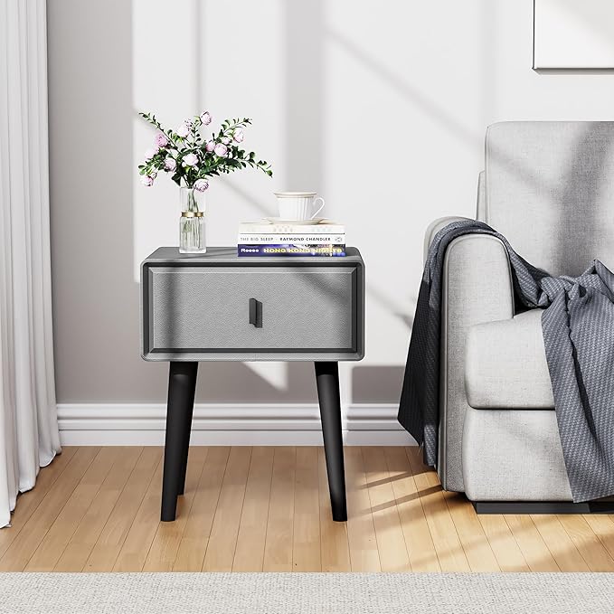 VICITON Modern Faux Leather Nightstand, Solid Wood Drawer, with 4 Wood Legs, Small Side End Table for Bedroom (Light Gray)