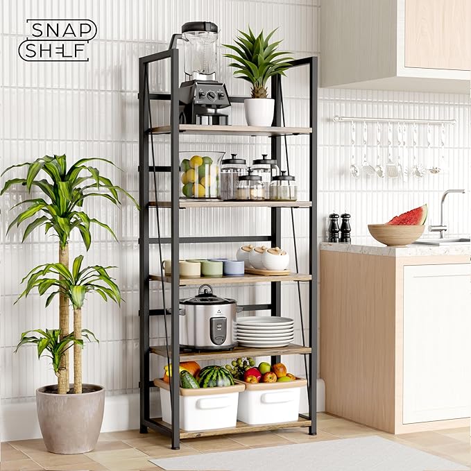 5 Tier Wood Book Shelf Organizer, No Assembly Bookshelf for Bedroom Living Room Office, Rustic Foldable Book Case, Tall Bookshelves, Open Book Shelves, Decorative Folding Shelf Display, Tall Bookcase