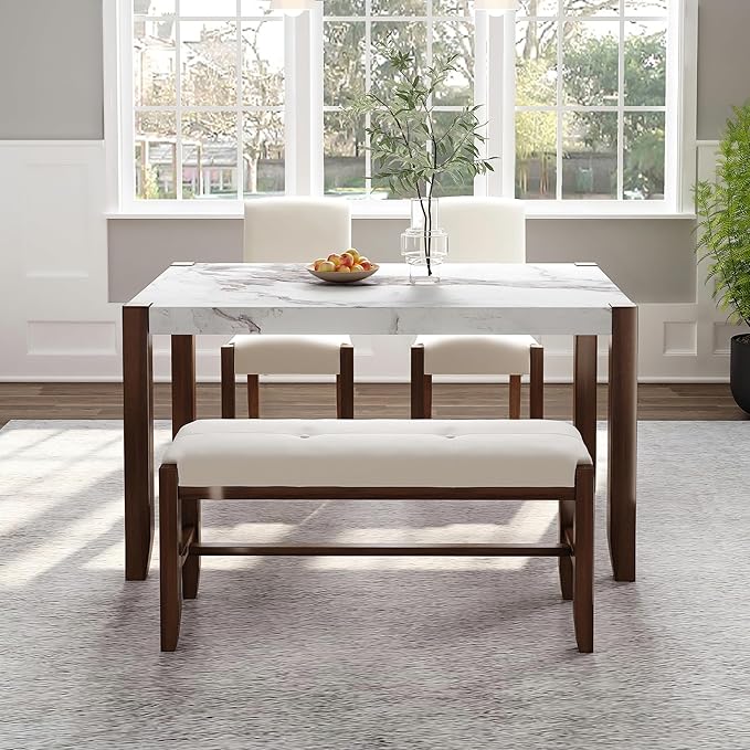 Ball & Cast 4-Piece Dining Furniture Set with 2 Upholstered Chairs & 1 Bench,Dining Table Set for 4 W/ 46" Faux Marble Style Table,for Restaurant,Home Bistro,Off White