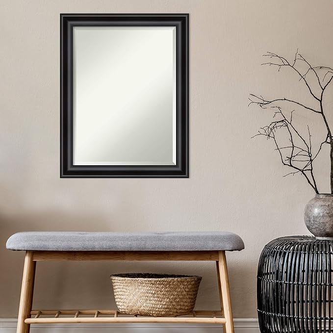 Amanti Art Black Bathroom Mirror for Over Sink, 28x22 Grand Black Narrow Rectangle Vanity Mirror, Medium Casual Frame, Hangs Horizonally and Vertically, Bathroom Wall Decor, Beveled Edge