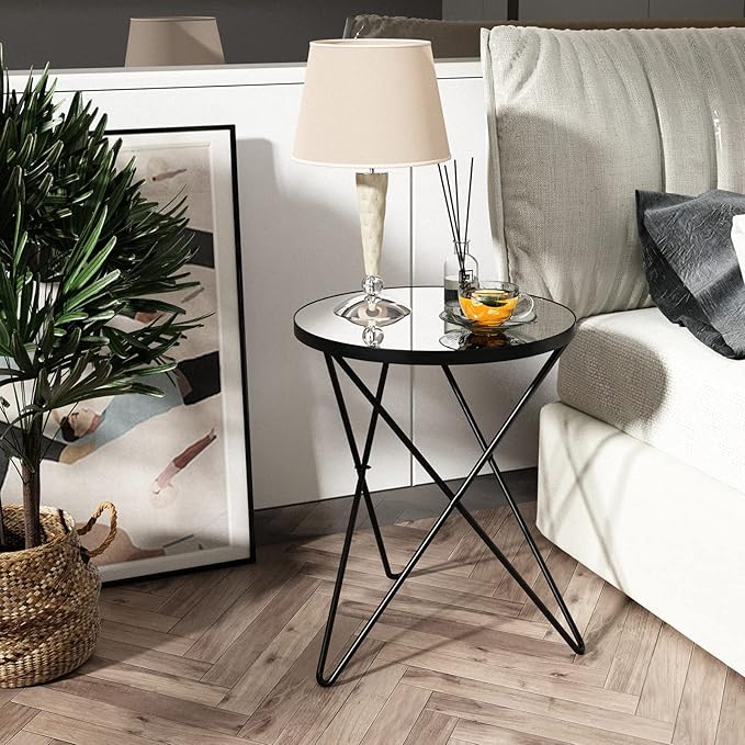 HLR Modern Round Side Table, End Table with Marble Effect Top and Gold Metal Frame, Small Side Table for Living Room, Bedroom, Sofa and Couch, Black Legs, Mirror top