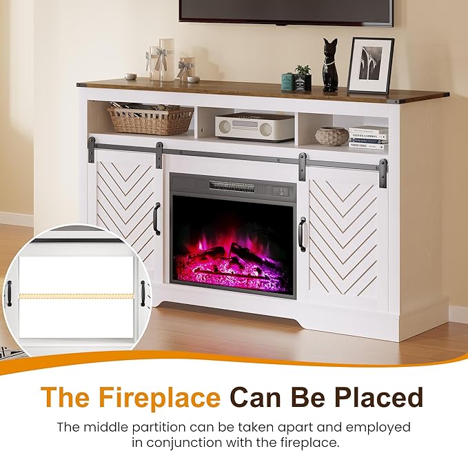 RoyalCraft Farmhouse TV Stand for 23" Electric Fireplace, Tall Entertainment Center for 65+ Inch TV, 34" Tall Rustic TV Console with Sliding Bar Door for Living Room, Wood-Tone and White