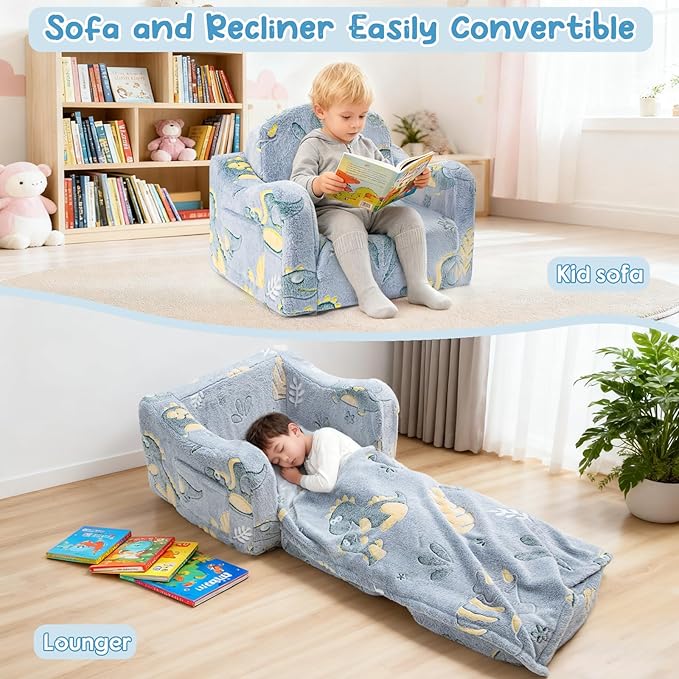 Comfy Toddler Chair and Couch for Kids with Blanket,2-in-1 Soft Plush Fold Out Toddler Couch for Girls and Boys,Convertible Sofa to Lounger for Playroom, Dinosaur