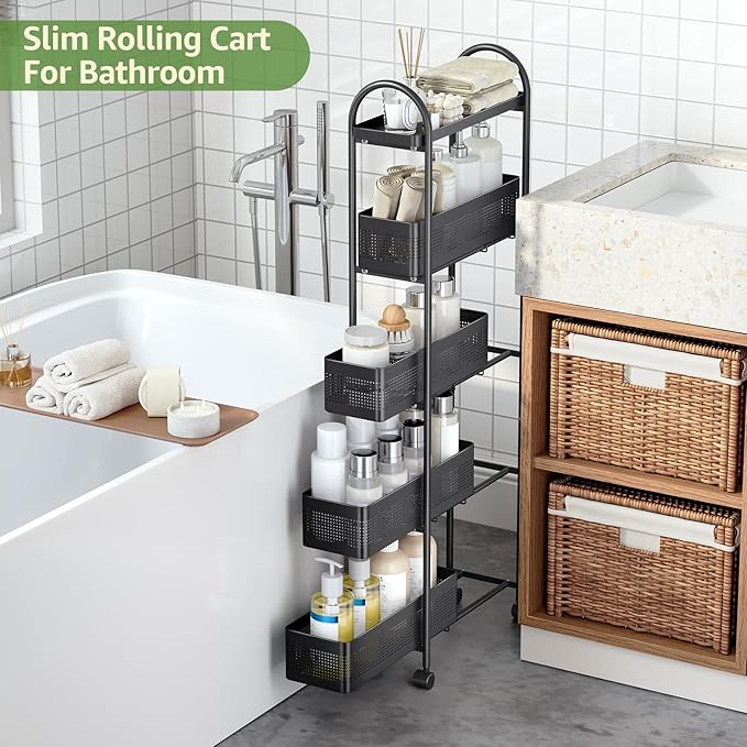 KINGRACK 5-Tier Slim Storage Cart with Pull Out Basket, Rolling Bathroom Organizer Utility, Metal Shelving Unit Slide Out, Lockable Wheels, Easy Assembly for Narrow Place, Kitchen, Laundry Room, Black