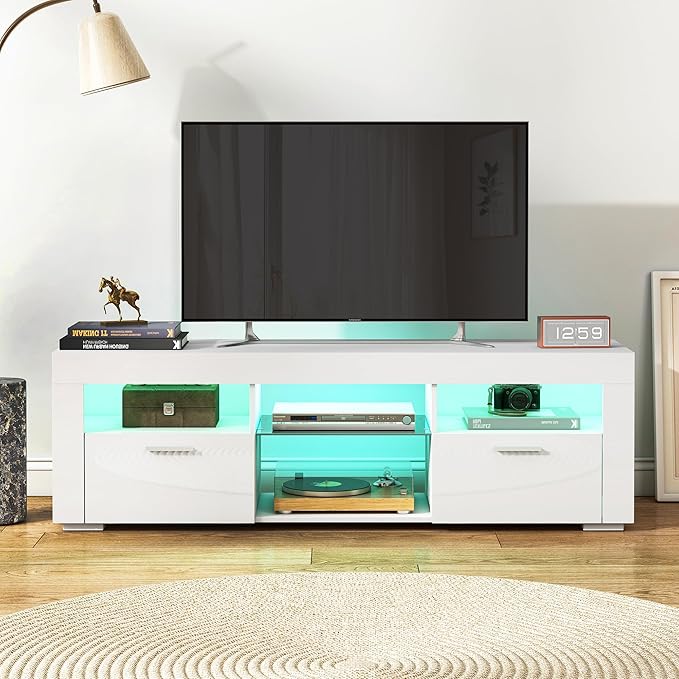 White TV Stand for 50/55 Inch, Entertainment Center With LED Lights, Modern Stand for Bedroom, Console With Storage and Shelves for Living Room