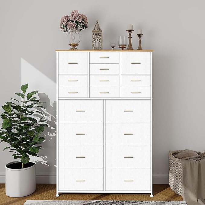 Modern Chest of Drawers for Bedroom,Tall White Fabric Dresser with 18 Deep Drawers, Large Vertical Storage Organizer Cabinet for Closet, Nursery, Office