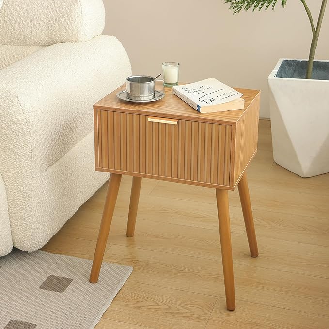 Fluted Nightstand, Small Bedside Table with Storage Drawer, Accent End Table Living Room for Bedroom and Small Space, Brown