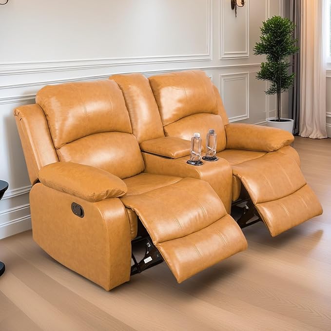 Loveseat Recliner Sofa, Reclining Loveseat Leather Couch with Storage Console, Modern Comfy Home Theater Seating Power Recliner Chair with Cup Holders for Living Room Furniture Sets, Orange
