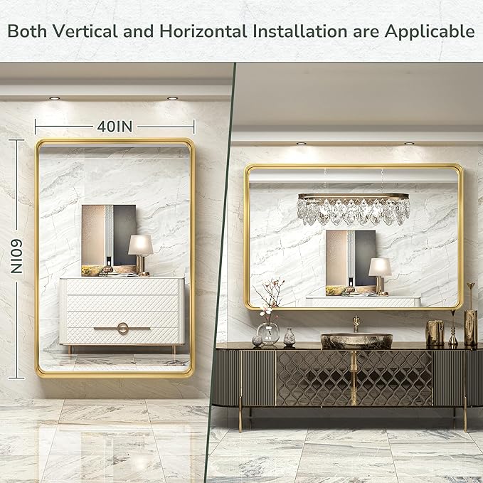TokeShimi 60 x 40 Inch Brushed Gold Bathroom Vanity Mirror for Wall with Non-Rusting Aluminum Alloy Matte Metal Frame for Modern Farmhouse Home Decor (Horizontal/Vertical)