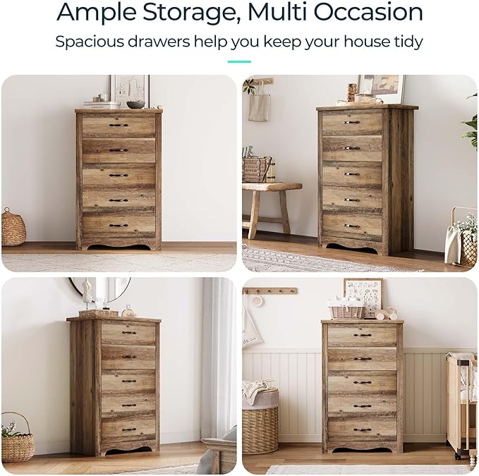LINSY HOME 5 Drawers Dresser for Bedroom, Wood Bedroom Dresser Modern Drawer Chest, 5 Chest of Drawer, Tall Dresser for Closet, Dressers Organizer for Living Room, Closet, Hallway, Nursery