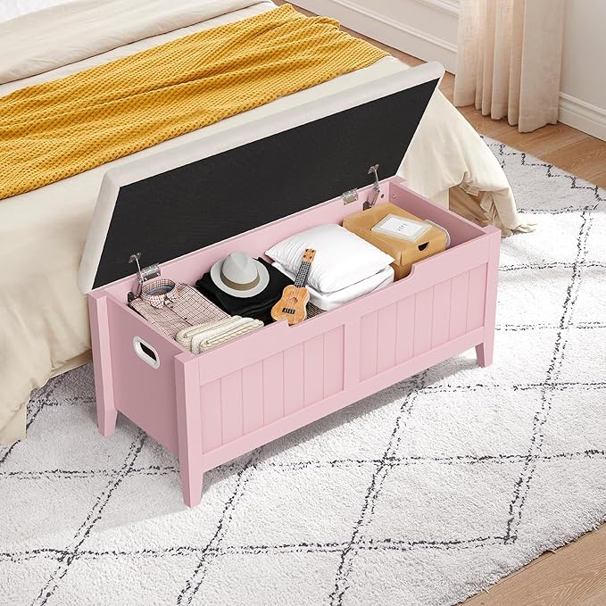 GAOMON Storage Bench with Cushion, 39.4” Wooden Chest Storage Box with 2 Safety Hinges, Entryway Benches with Flip-Top, Large Trunk for Living Room, Bedroom, Easy Assembly