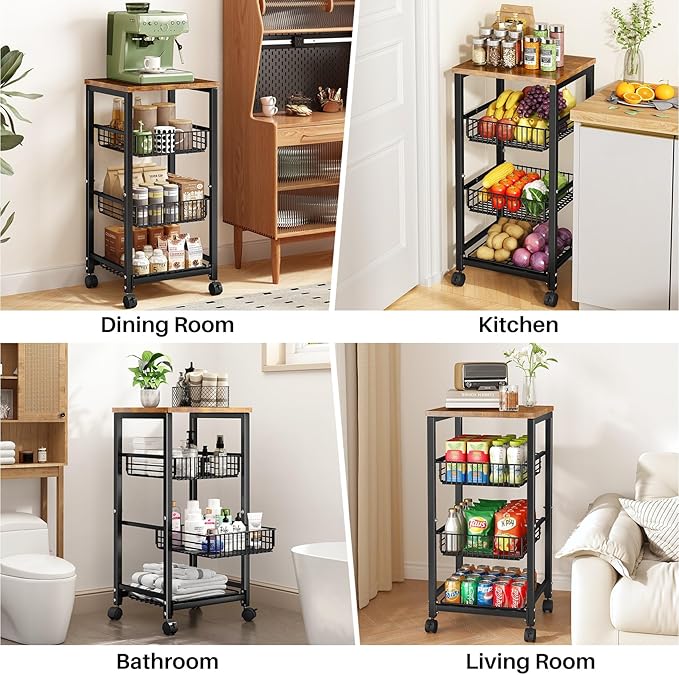 SNTD Fruit Basket Vegetable Stand for Kitchen Pantry, Pull Out Metal Wire Basket with Wood Top for Fruit Vegetable Onions Potatoes Snacks