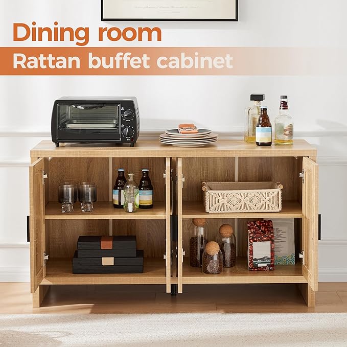 Rattan Buffet Cabinet with Storage, Sideboard Cabinet with Doors and Adjustable Shelves, Farmhouse Coffee Bar Station Table, Modern Wood Cupboard for Kitchen, Livingroom and Dining Room