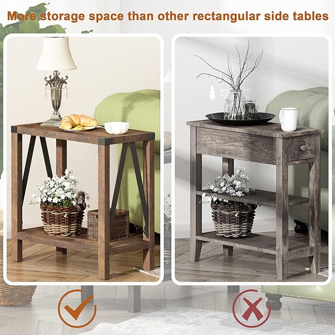ChooChoo Farmhouse End Table for Small Spaces, Narrow Side End Table with Storage Shelf, Rustic A-Design Nightstand Sofa Table for Living Room, Bedroom (Rustic Brown) 2 Pack