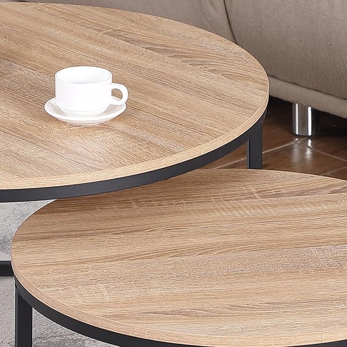 CENSI 24" Round Nesting Table, Accent Coffee Table, Natural Oak, Light Wooden Finish, Space-Saving, Modern Industrial Style
