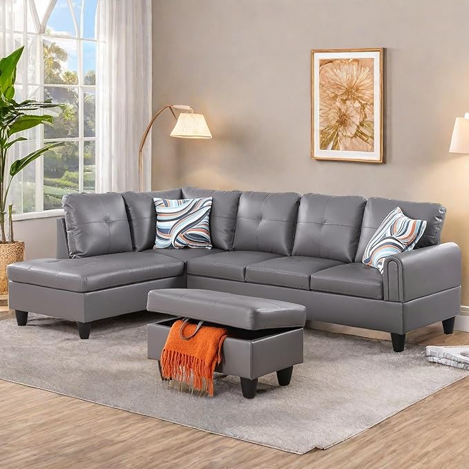 L Shaped Sectional Couches, Leather Couch Modular Sectional Sofa with Ottoman Storage, Modern L Shaped Couch with Chaise for Living Room Bedroom Apartment Furniture, Gray