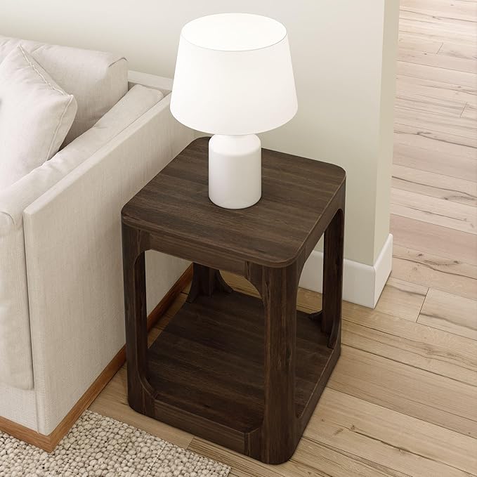 Plank+Beam Modern Rounded Square Side Table with Shelf, Solid Wood End Table for Living Room, 20in, Walnut