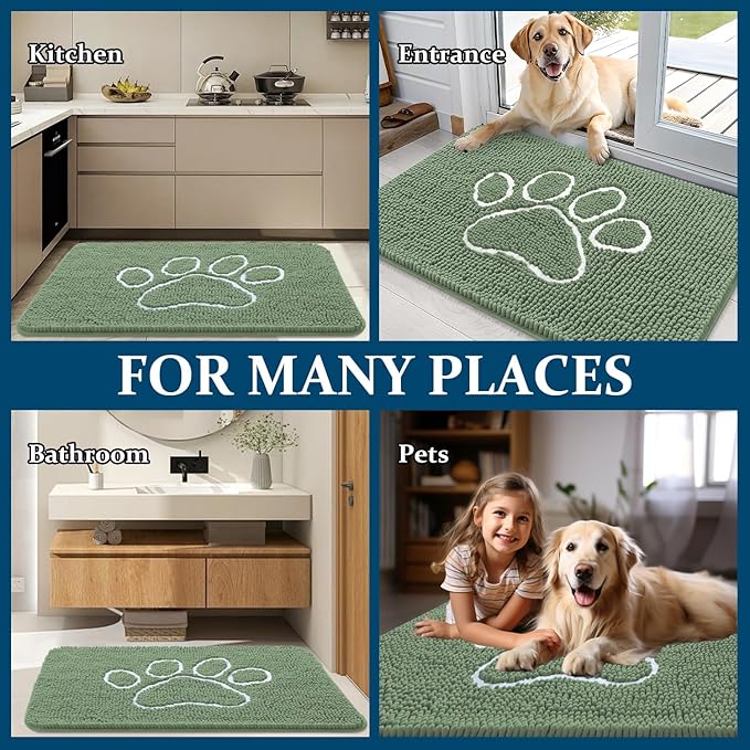OLANLY Door Mat for Muddy Dog Paws 36x24, Absorbent Chenille Doormat with Paw Print Design, Non-Slip Washable Doormat for Indoor Entryway, Quick-Dry Pet Bed Mats for Dirty Dogs, Olive Green and White